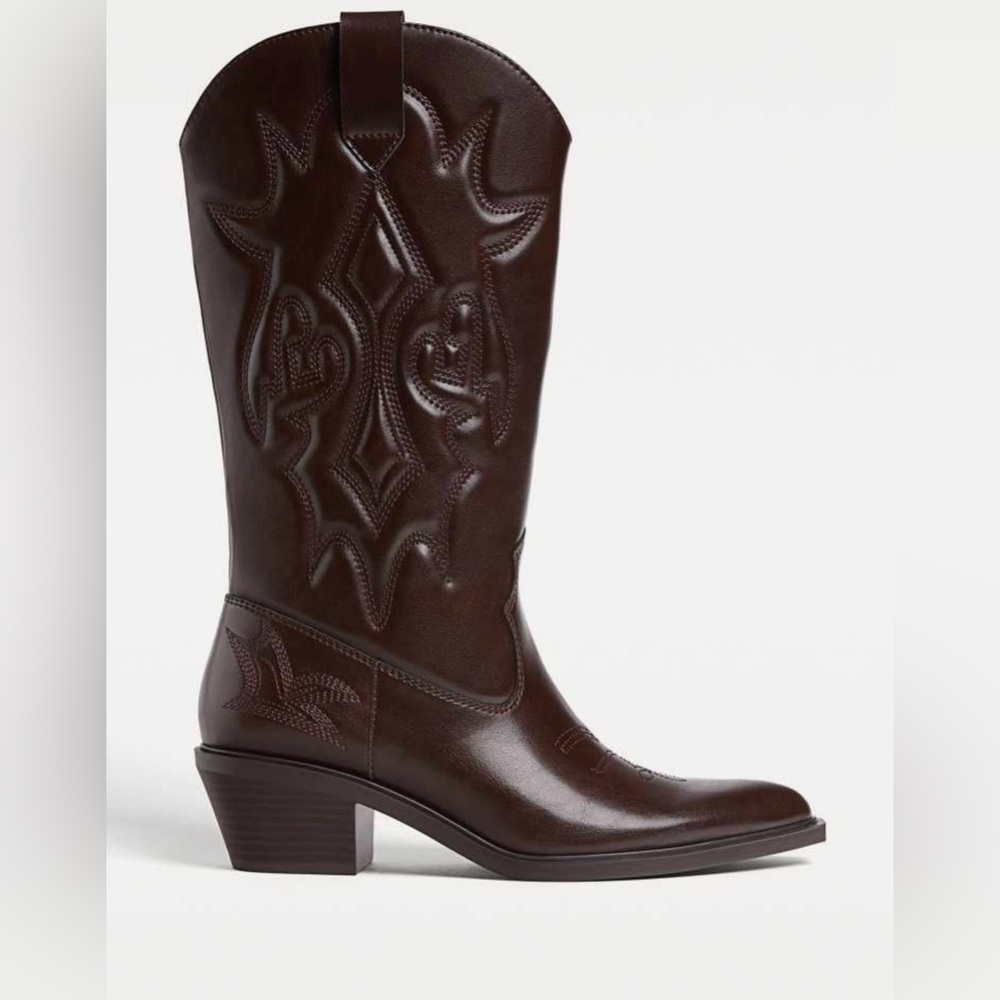 stradivarius Women's Dark Burgandy Brown Western Embroidered Boots Size 7.5 - Picture 2 of 16